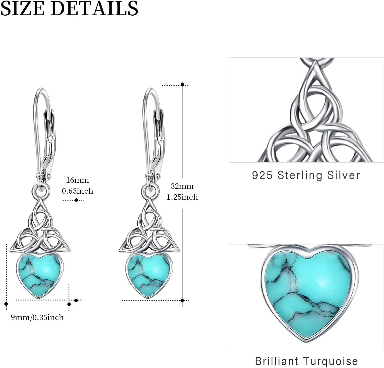 Sterling Silver Birthstone Dangle Earrings - Celtic Leverback Design for Women & Girls - Valentine's Day Gift