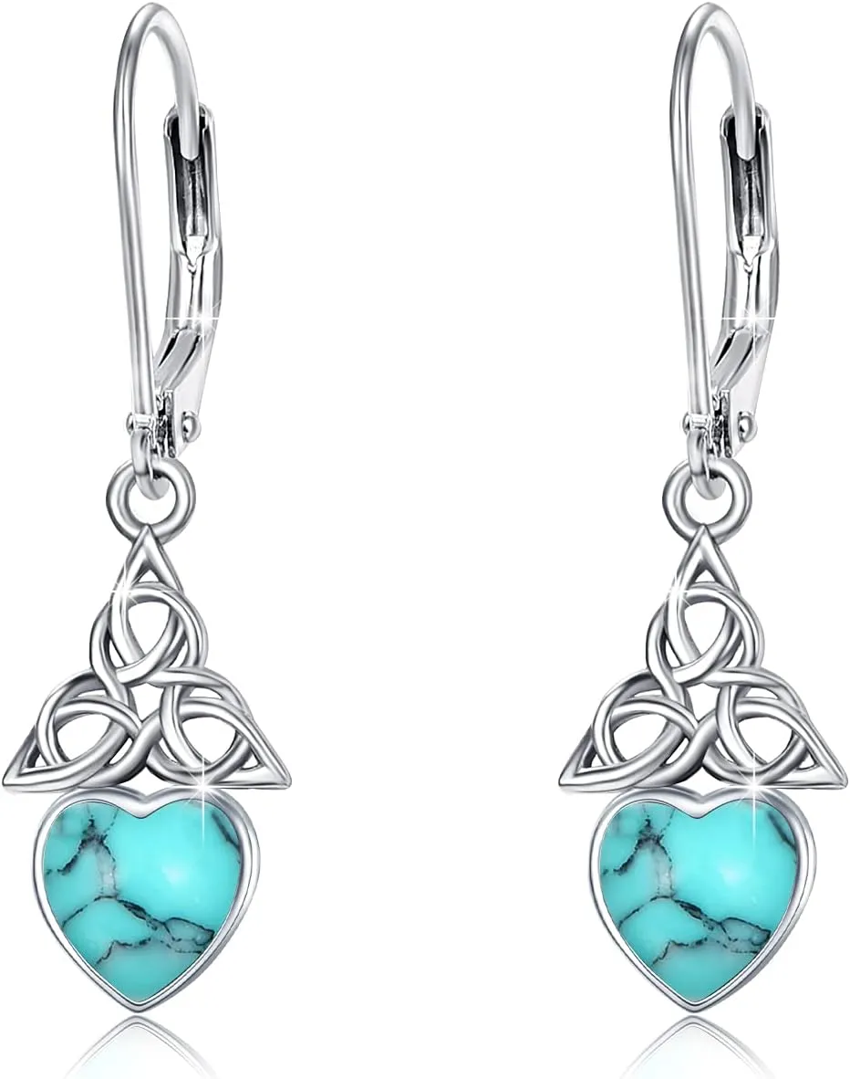 Sterling Silver Birthstone Dangle Earrings - Celtic Leverback Design for Women & Girls - Valentine's Day Gift