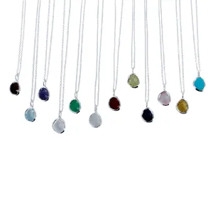 Sterling Silver Birthstone Necklace with Semi-Precious Stone