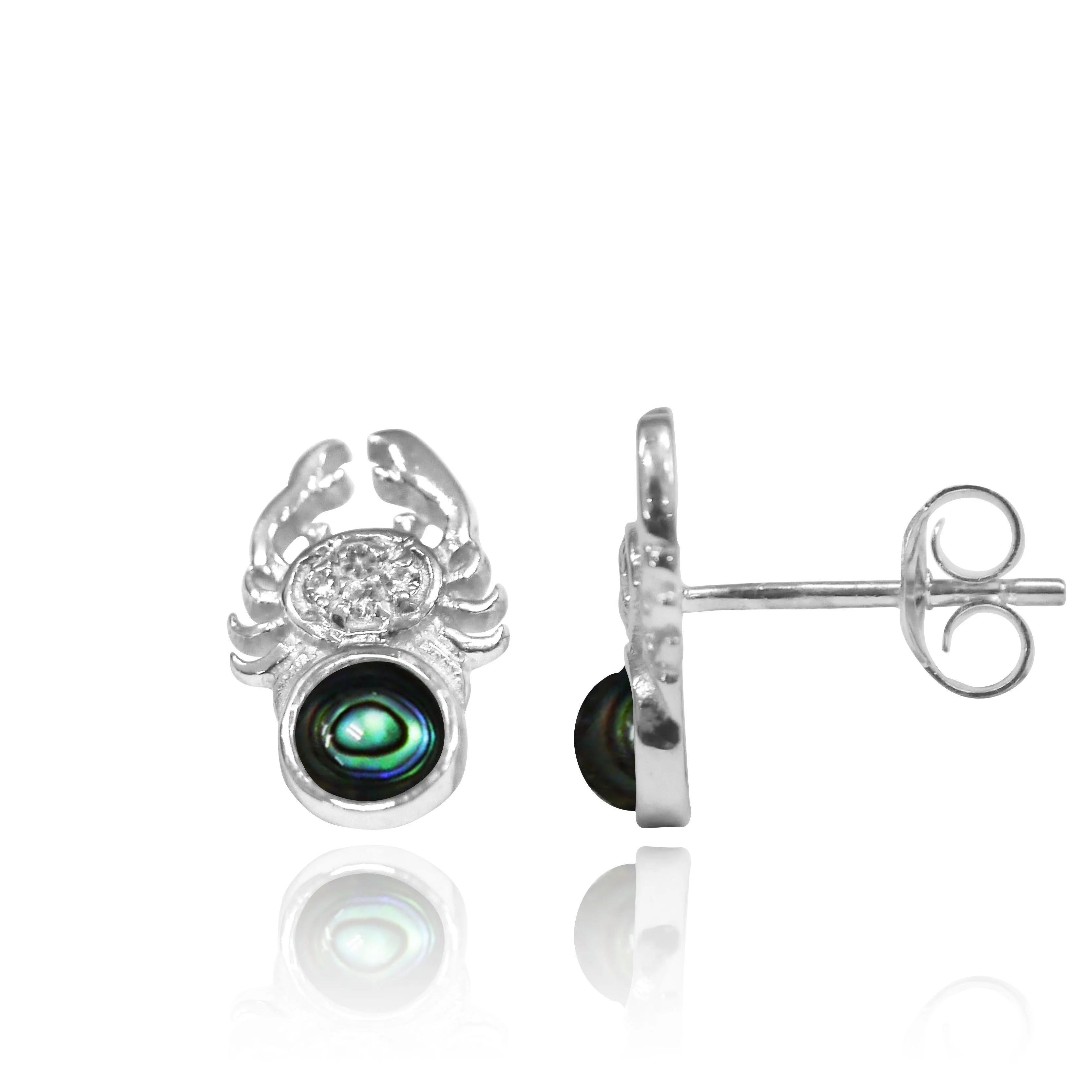 Sterling Silver Crab Stud Earrings with Round Abalone Shell and White Topaz