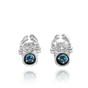 Sterling Silver Crab Stud Earrings with Round Abalone Shell and White Topaz