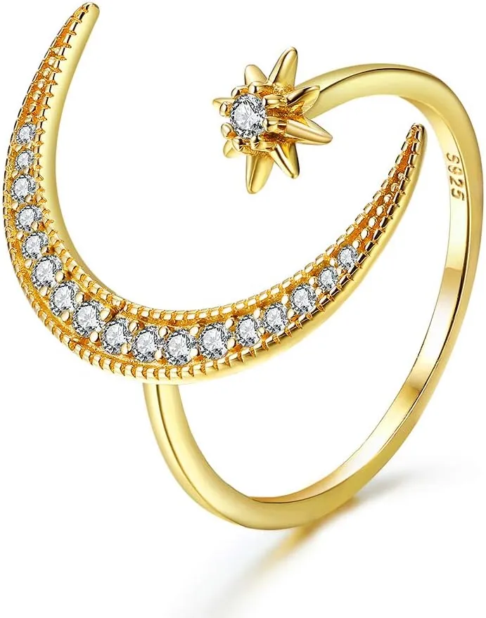 Sterling Silver Crescent Moon Star Rings for Women Adjustable Moon Ring 5A Cubic Zirconia Minimalist Ring Valentines Day Gift for Her with Box