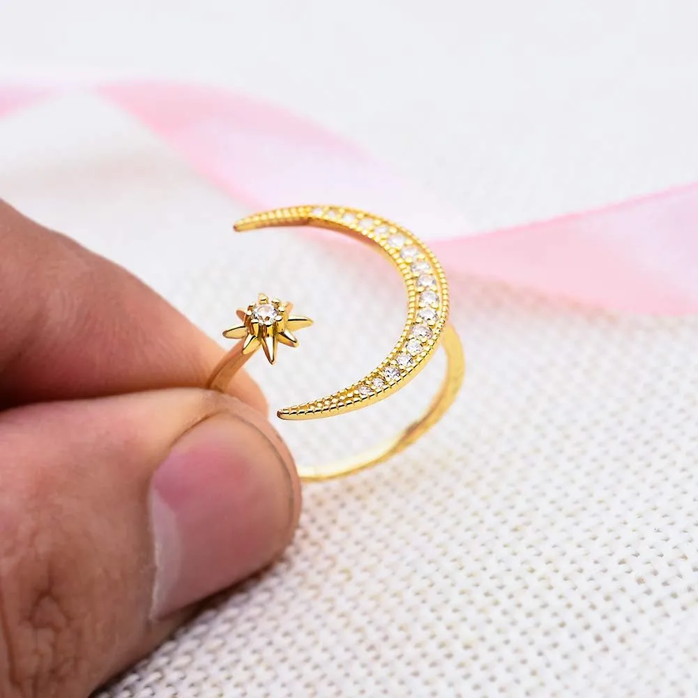 Sterling Silver Crescent Moon Star Rings for Women Adjustable Moon Ring 5A Cubic Zirconia Minimalist Ring Valentines Day Gift for Her with Box