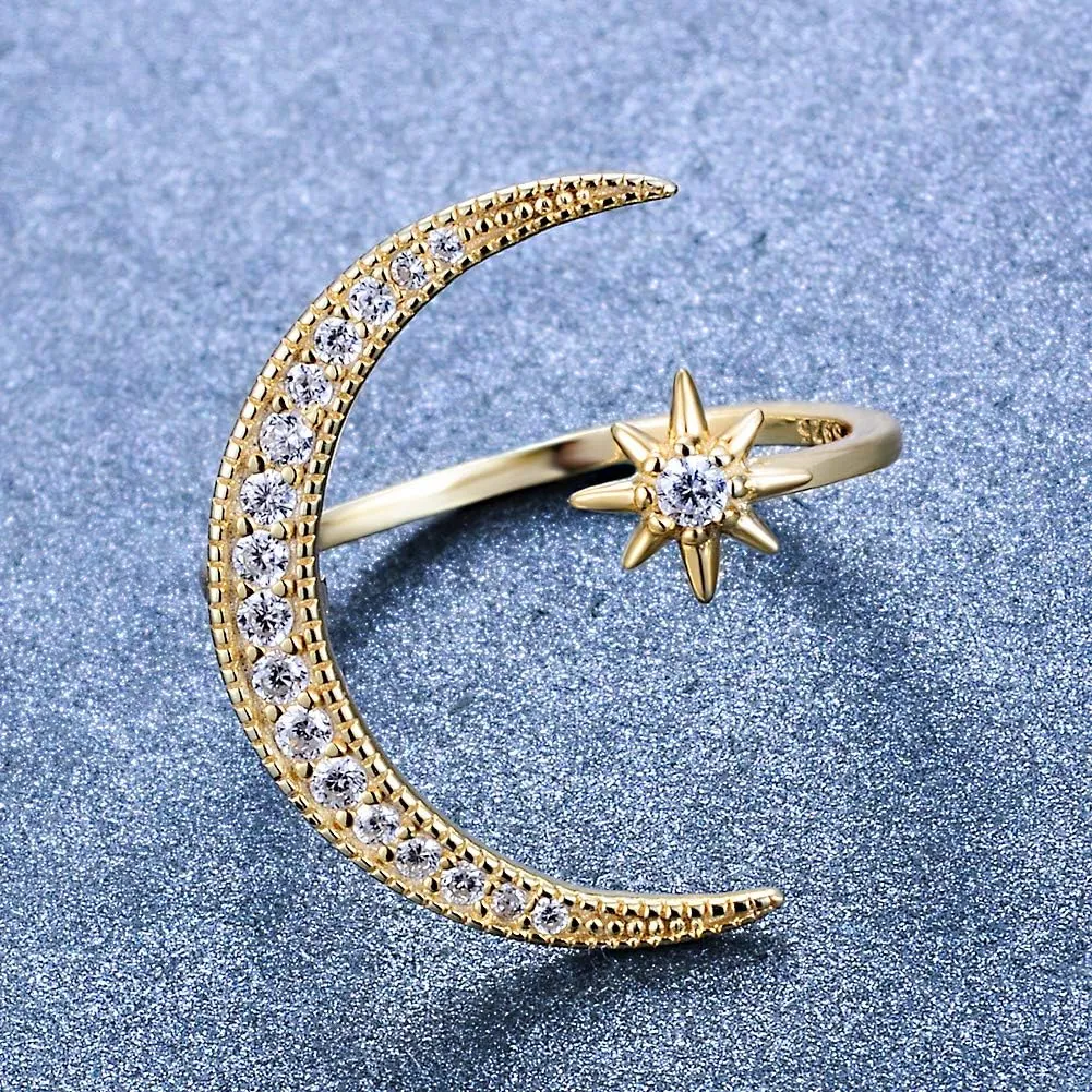 Sterling Silver Crescent Moon Star Rings for Women Adjustable Moon Ring 5A Cubic Zirconia Minimalist Ring Valentines Day Gift for Her with Box
