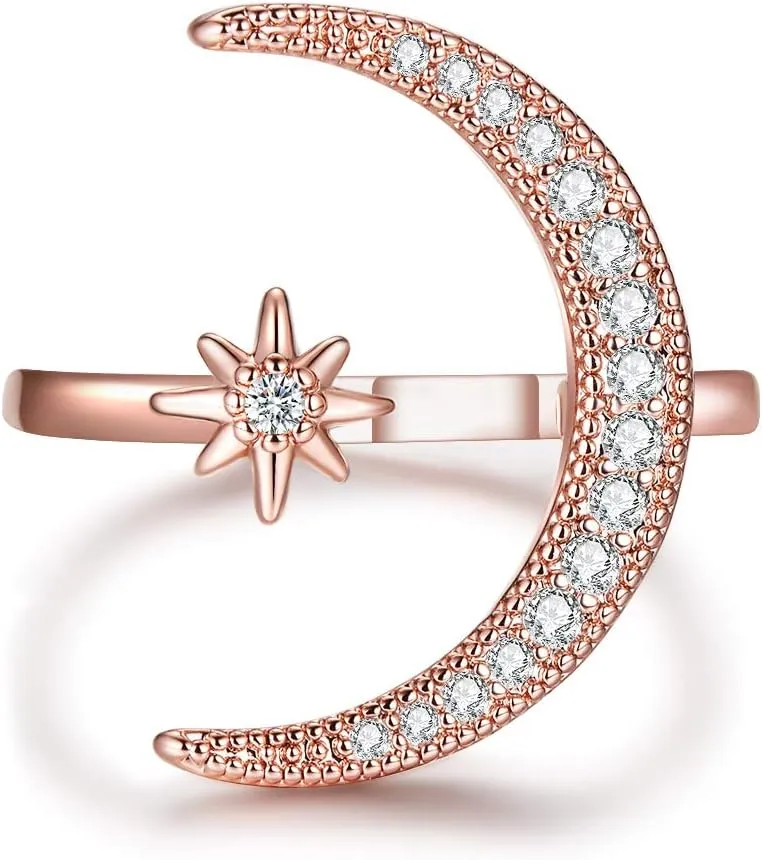 Sterling Silver Crescent Moon Star Rings for Women Adjustable Moon Ring 5A Cubic Zirconia Minimalist Ring Valentines Day Gift for Her with Box
