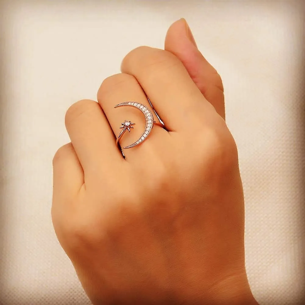 Sterling Silver Crescent Moon Star Rings for Women Adjustable Moon Ring 5A Cubic Zirconia Minimalist Ring Valentines Day Gift for Her with Box