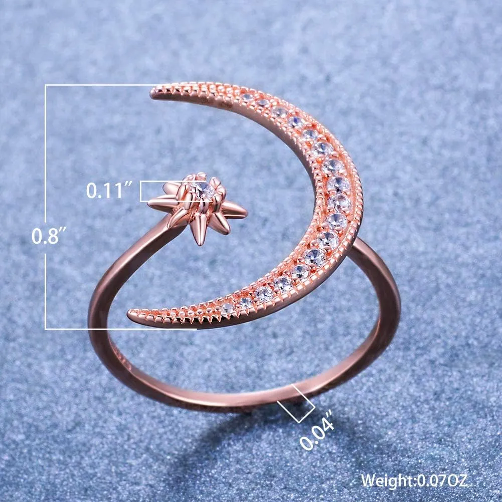 Sterling Silver Crescent Moon Star Rings for Women Adjustable Moon Ring 5A Cubic Zirconia Minimalist Ring Valentines Day Gift for Her with Box