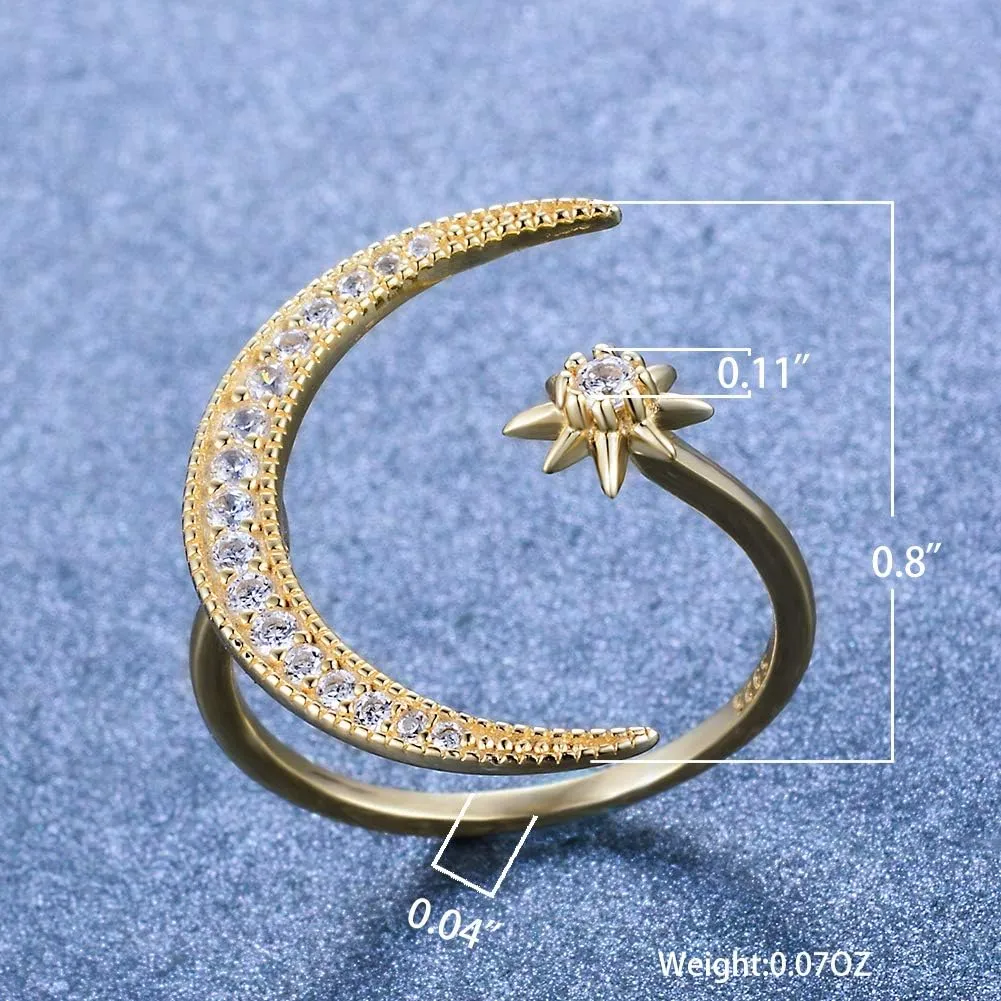 Sterling Silver Crescent Moon Star Rings for Women Adjustable Moon Ring 5A Cubic Zirconia Minimalist Ring Valentines Day Gift for Her with Box