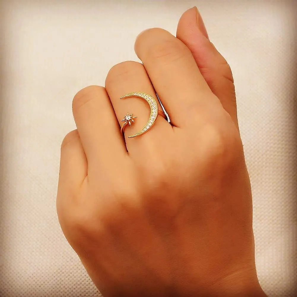 Sterling Silver Crescent Moon Star Rings for Women Adjustable Moon Ring 5A Cubic Zirconia Minimalist Ring Valentines Day Gift for Her with Box