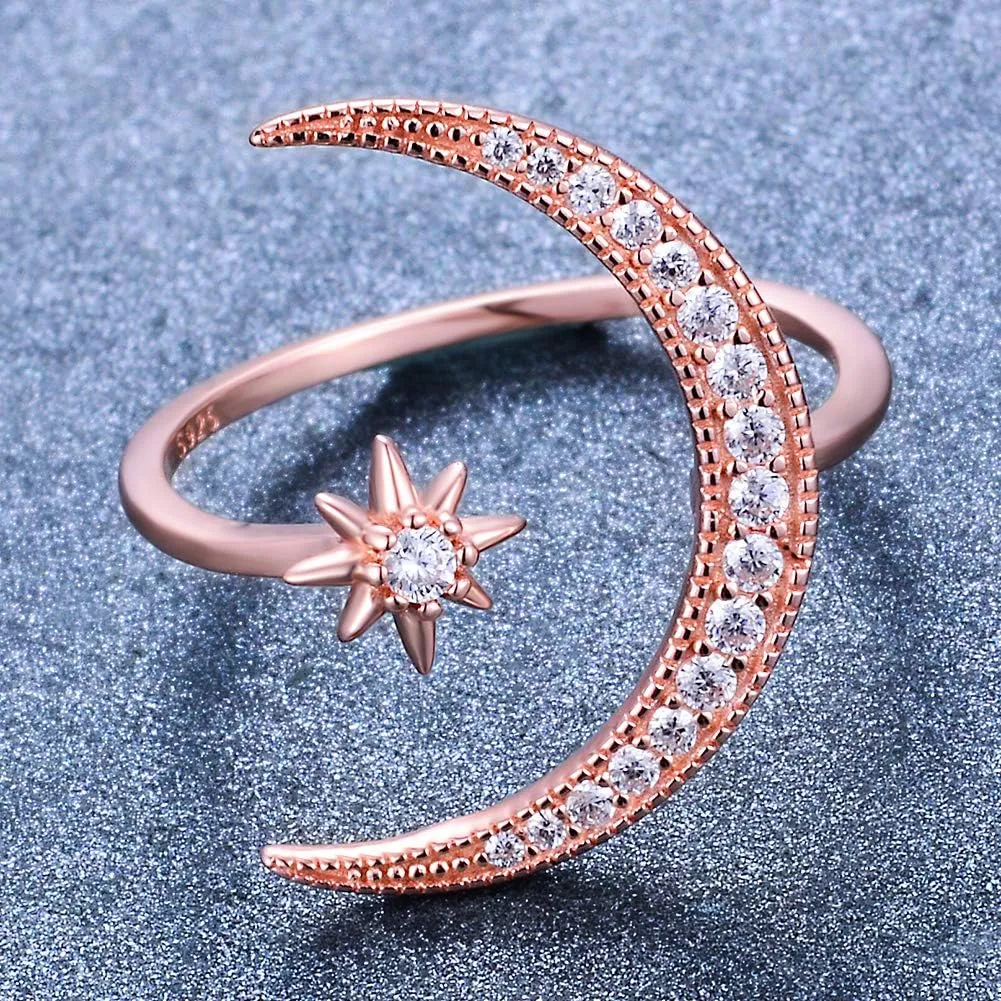 Sterling Silver Crescent Moon Star Rings for Women Adjustable Moon Ring 5A Cubic Zirconia Minimalist Ring Valentines Day Gift for Her with Box