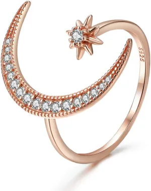 Sterling Silver Crescent Moon Star Rings for Women Adjustable Moon Ring 5A Cubic Zirconia Minimalist Ring Valentines Day Gift for Her with Box