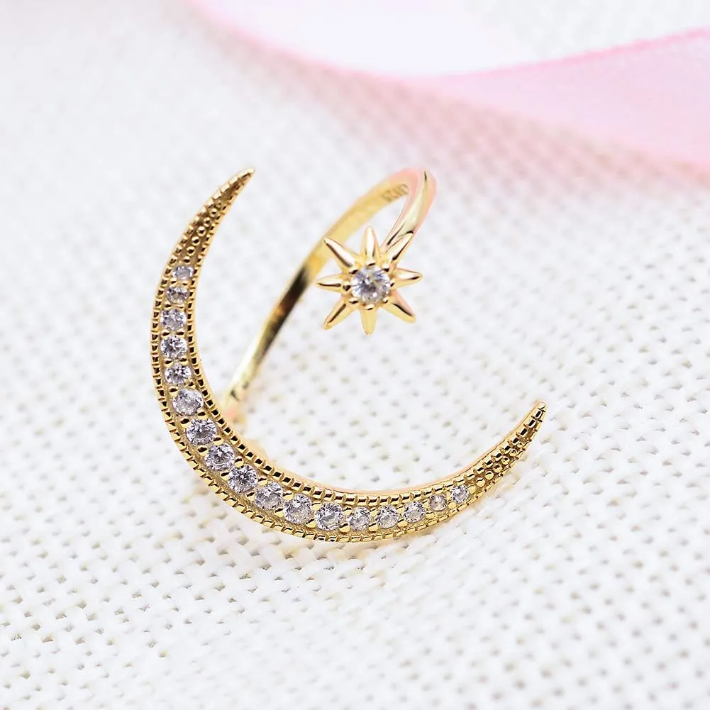 Sterling Silver Crescent Moon Star Rings for Women Adjustable Moon Ring 5A Cubic Zirconia Minimalist Ring Valentines Day Gift for Her with Box