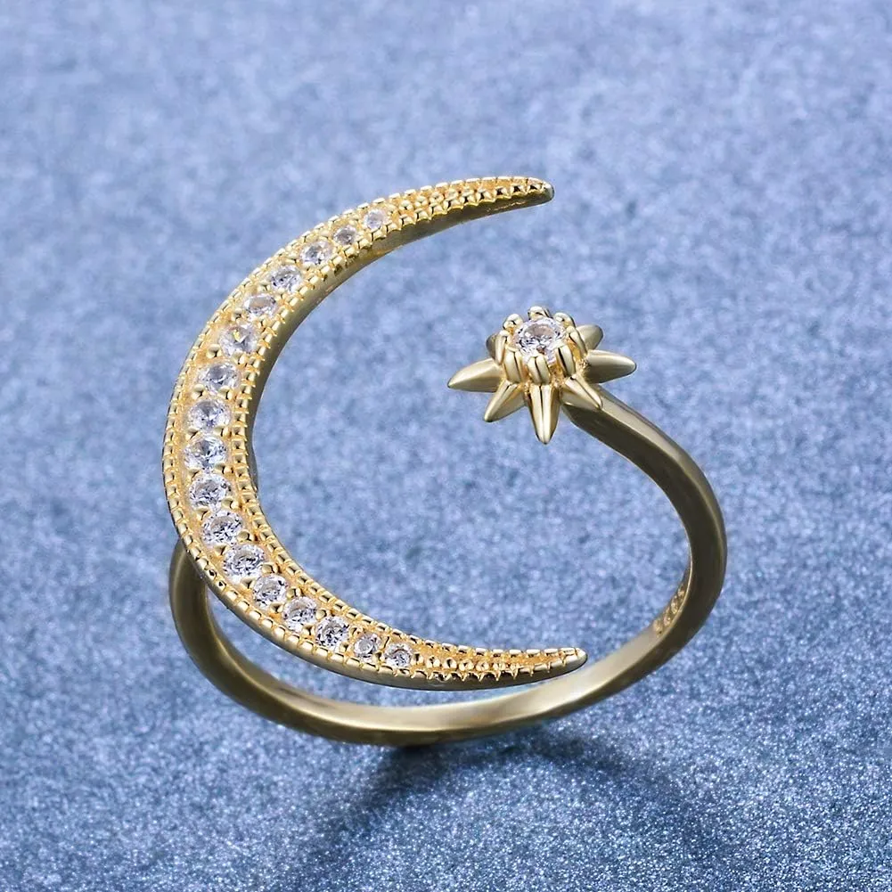 Sterling Silver Crescent Moon Star Rings for Women Adjustable Moon Ring 5A Cubic Zirconia Minimalist Ring Valentines Day Gift for Her with Box