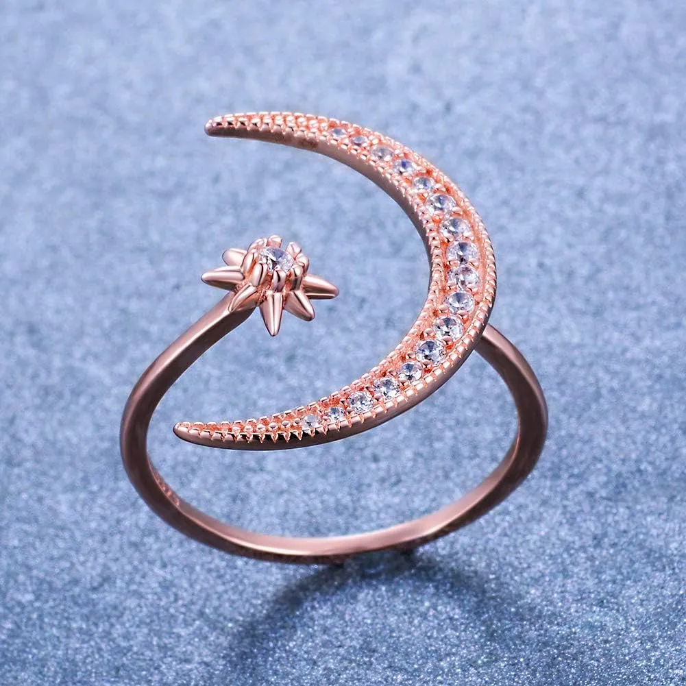 Sterling Silver Crescent Moon Star Rings for Women Adjustable Moon Ring 5A Cubic Zirconia Minimalist Ring Valentines Day Gift for Her with Box