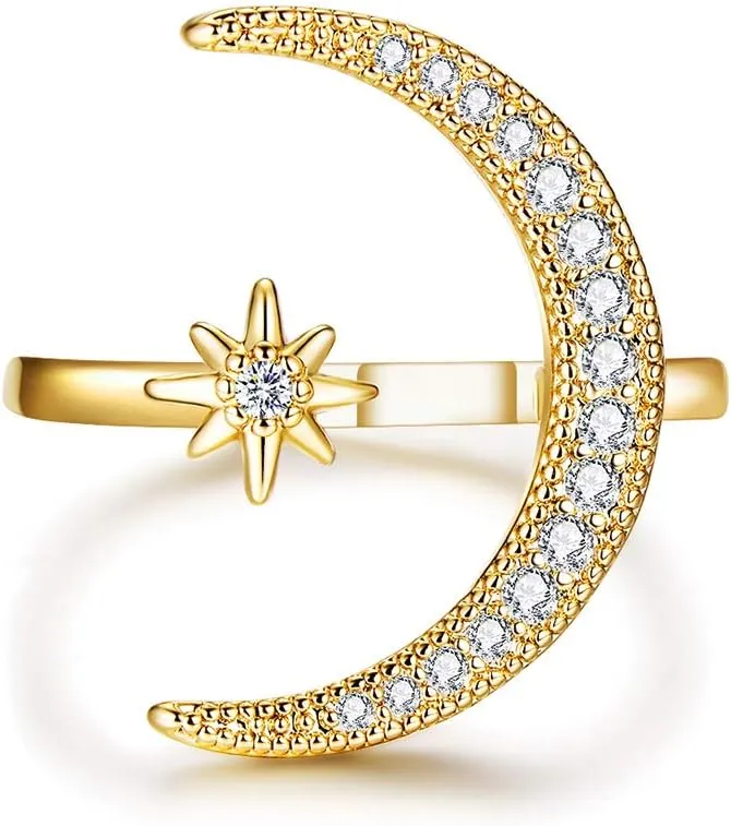 Sterling Silver Crescent Moon Star Rings for Women Adjustable Moon Ring 5A Cubic Zirconia Minimalist Ring Valentines Day Gift for Her with Box