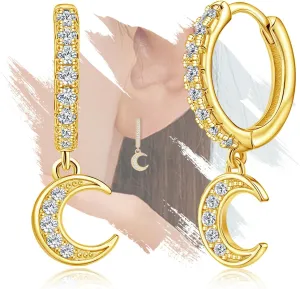 Sterling Silver Gold Moon Hoop Earrings with Dangle Hypoallergeic Moon Shaped Earrings for Sensitive Ears for Women