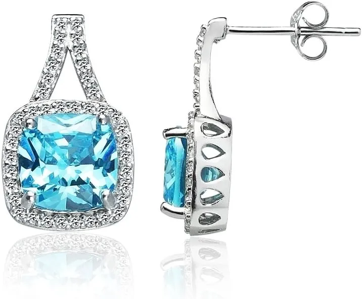 Sterling Silver Light Blue Cubic Zirconia 8mm Cushion-cut Halo Split Shank Stud Earrings
