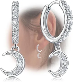 Sterling Silver Moon Hoop Earrings with Cubic Zirconia Dangle Hypoallergeic Classic Lightweight Hoop Earrings for Sensitive Ears for Women