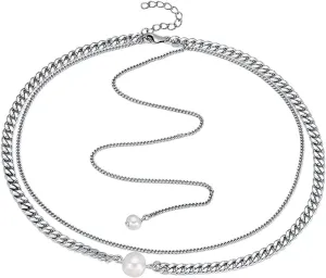 Sterling Silver Necklaces for Women Trendy Layered, Womens Necklaces Fashion Trendy Spring Ring Clasps Adjustable Two-Layer Chain with Two Pearls