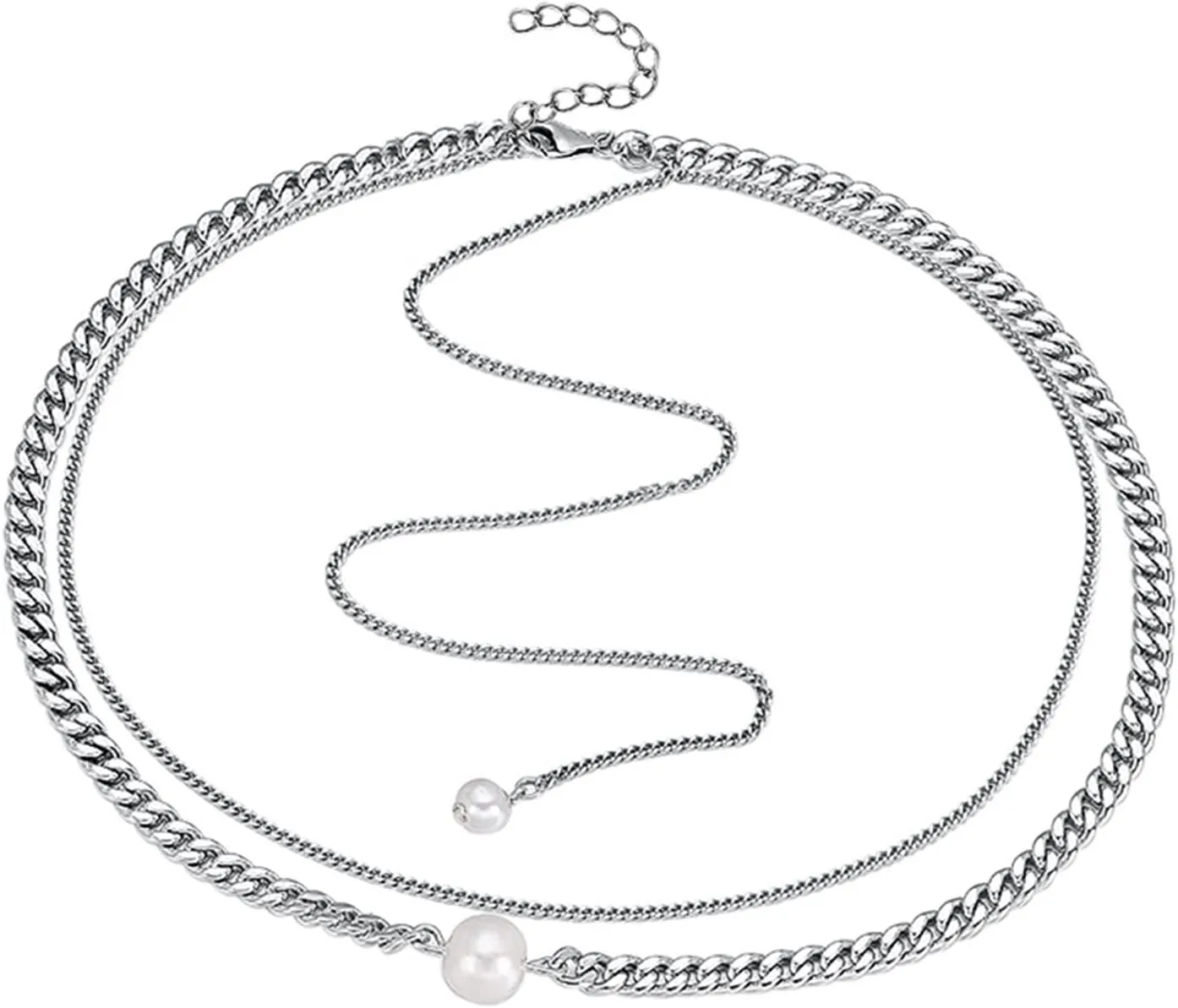 Sterling Silver Necklaces for Women Trendy Layered, Womens Necklaces Fashion Trendy Spring Ring Clasps Adjustable Two-Layer Chain with Two Pearls