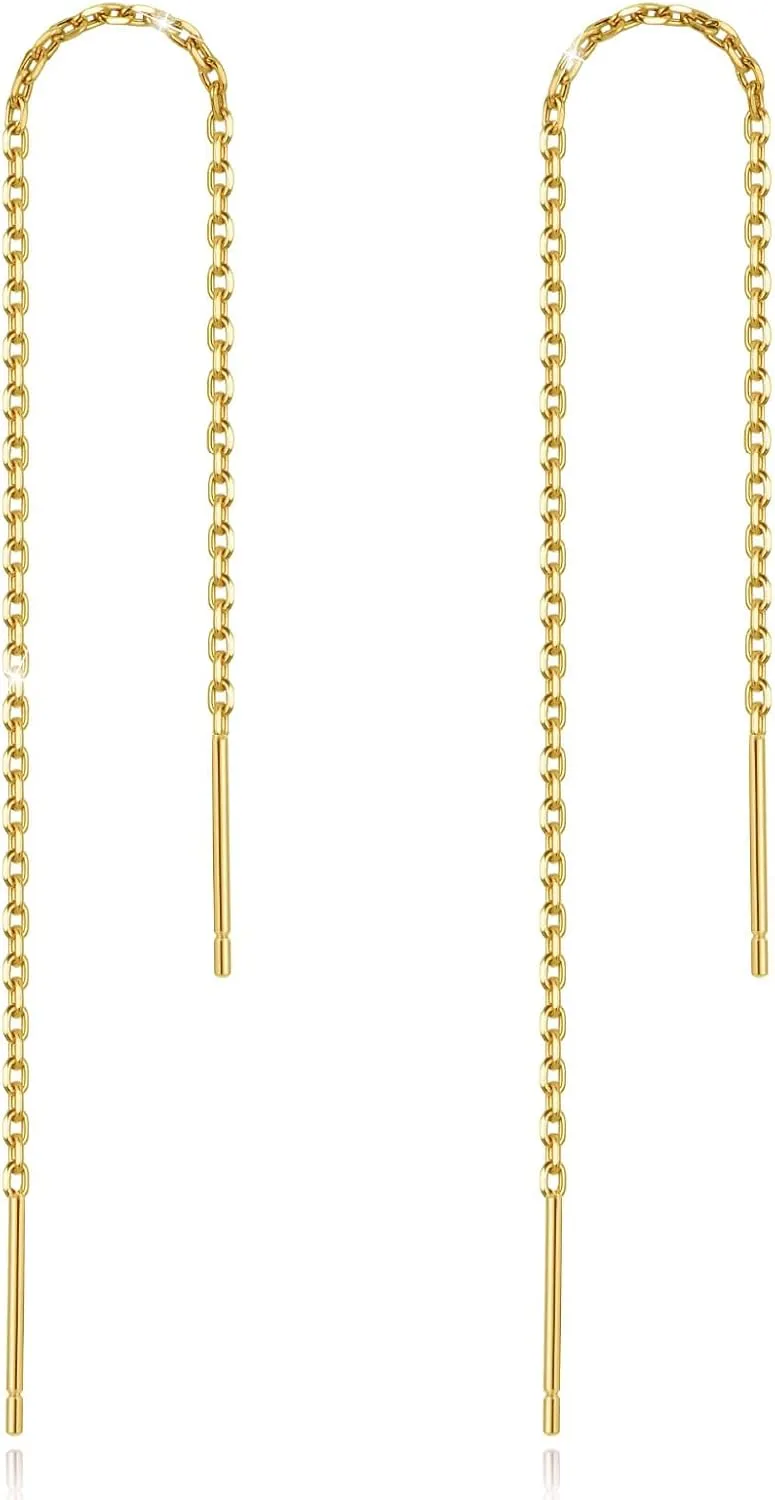 Sterling Silver Threader Chain Earrings for Women – 14K Gold Plated Hypoallergenic Dangle Jewelry，Lightweight 4.8 Inch Earrings, Minimalist & Versatile Design for Daily Wear or Gifting
