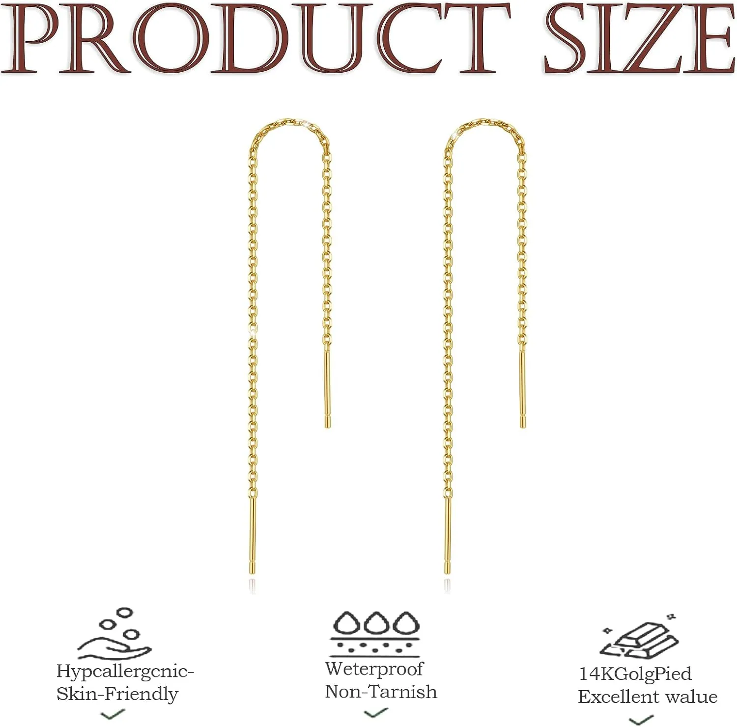 Sterling Silver Threader Chain Earrings for Women – 14K Gold Plated Hypoallergenic Dangle Jewelry，Lightweight 4.8 Inch Earrings, Minimalist & Versatile Design for Daily Wear or Gifting