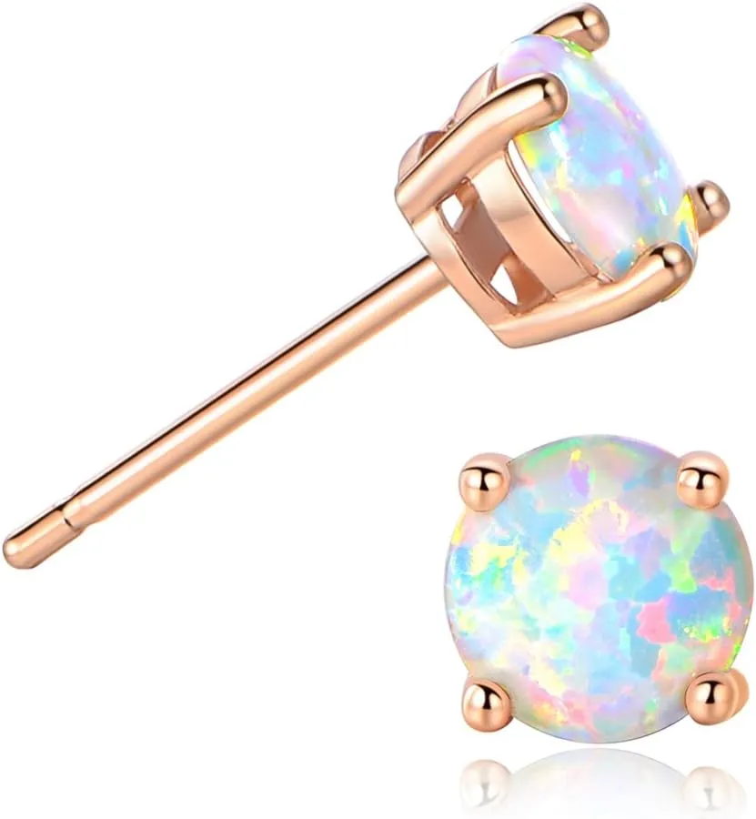 Stunning Rose Gold Plated Opal Studs, 18K Rose Gold Plated Opal Stud Earrings 6MM Round For Women