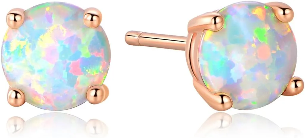 Stunning Rose Gold Plated Opal Studs, 18K Rose Gold Plated Opal Stud Earrings 6MM Round For Women