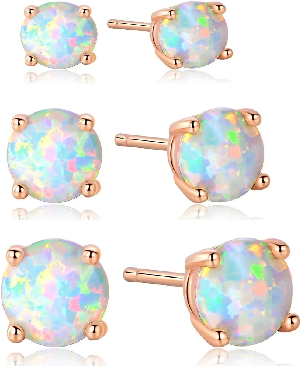 Stunning Rose Gold Plated Opal Studs, 18K Rose Gold Plated Opal Stud Earrings 6MM Round For Women