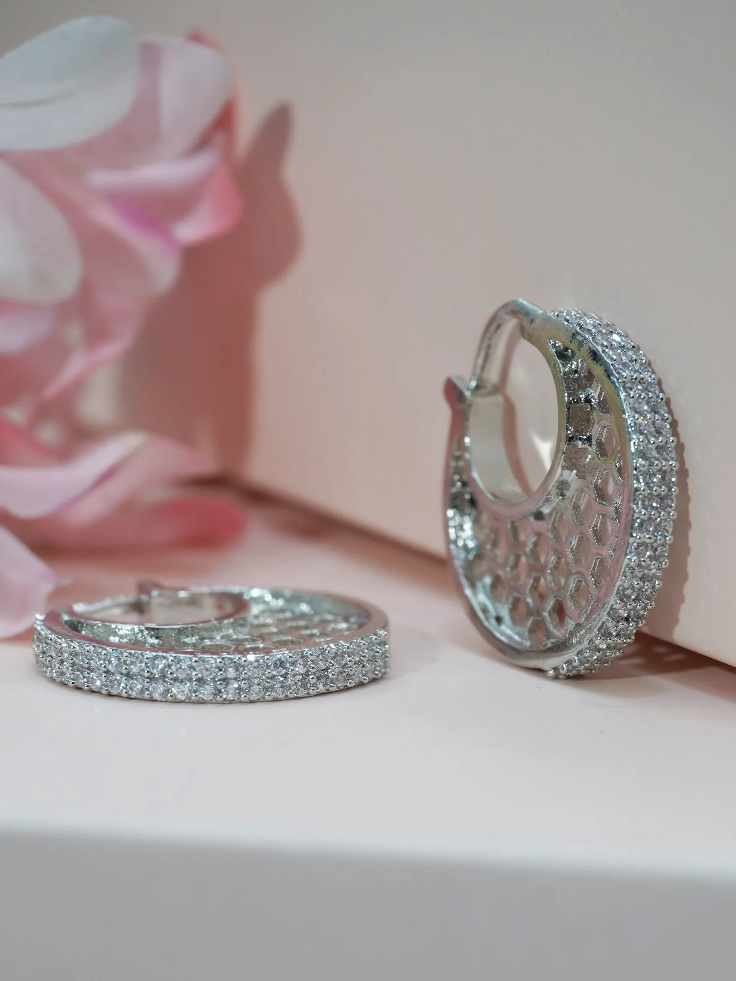 Stunning Silver Rhodium-Plated White American Diamond Hoop Earring