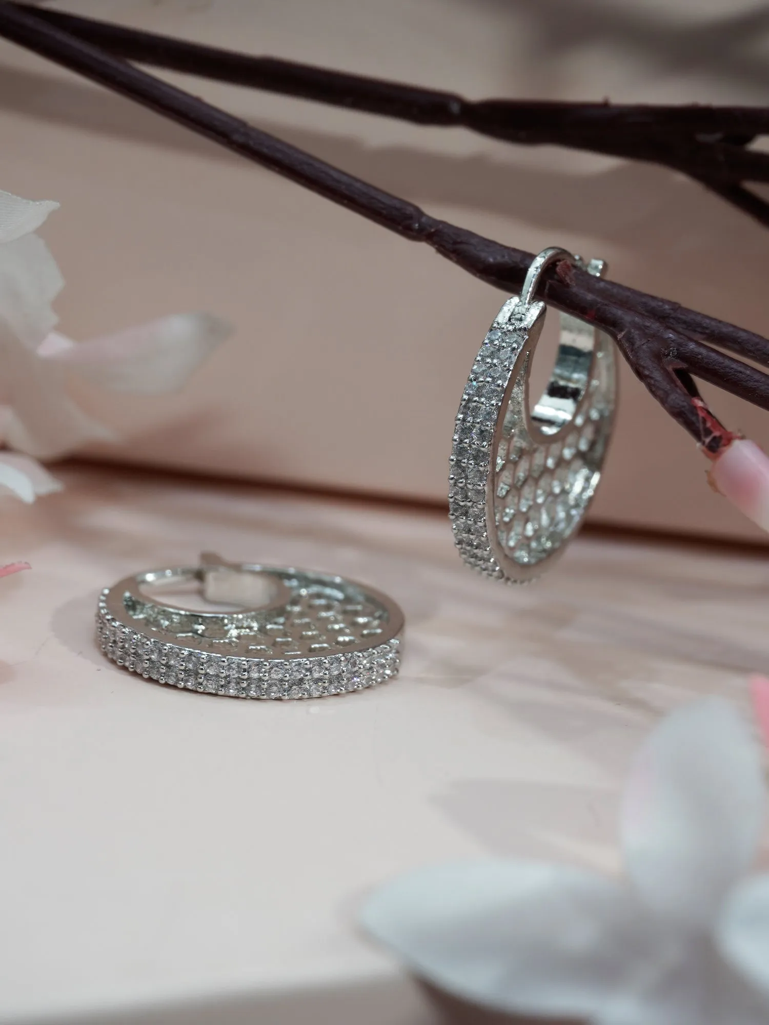 Stunning Silver Rhodium-Plated White American Diamond Hoop Earring