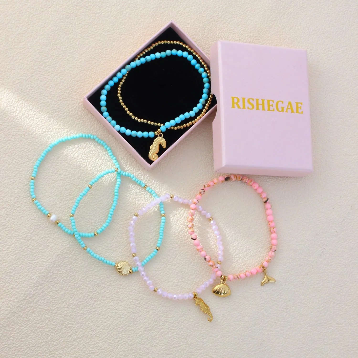 Summer Ankle Bracelets for Women Beach Charm Anklets for Womens Colorful Stone Marine Element Elastic Handmade Gold Beads Anklet Sets