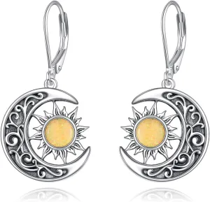 Sun and Moon Earrings - Sterling Silver Crescent Moon and Sun Dangle Drop Earrings - Celestial Jewelry Gift for Women