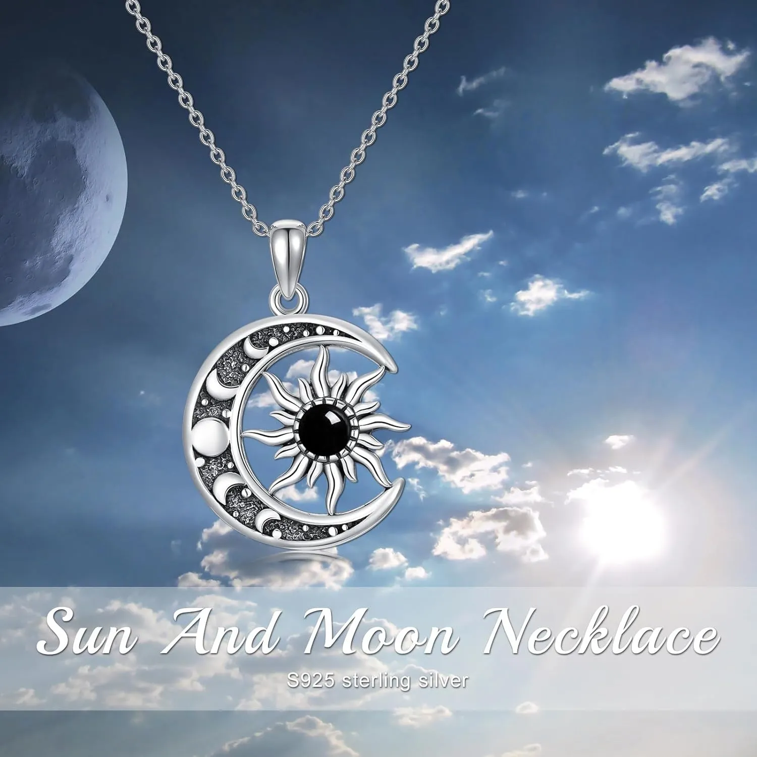 Sun and Moon Necklace 925 Sterling Silver Sun Moon Pendant Gemstone Jewelry Gifts for Women