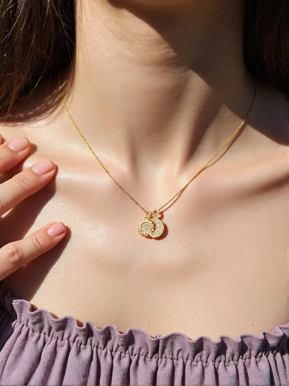 Sun and Moon Necklace - Double Pendant Necklace for Women 18k Gold Plated Sun Necklace Moon Necklace Dainty Gold Necklace for Women