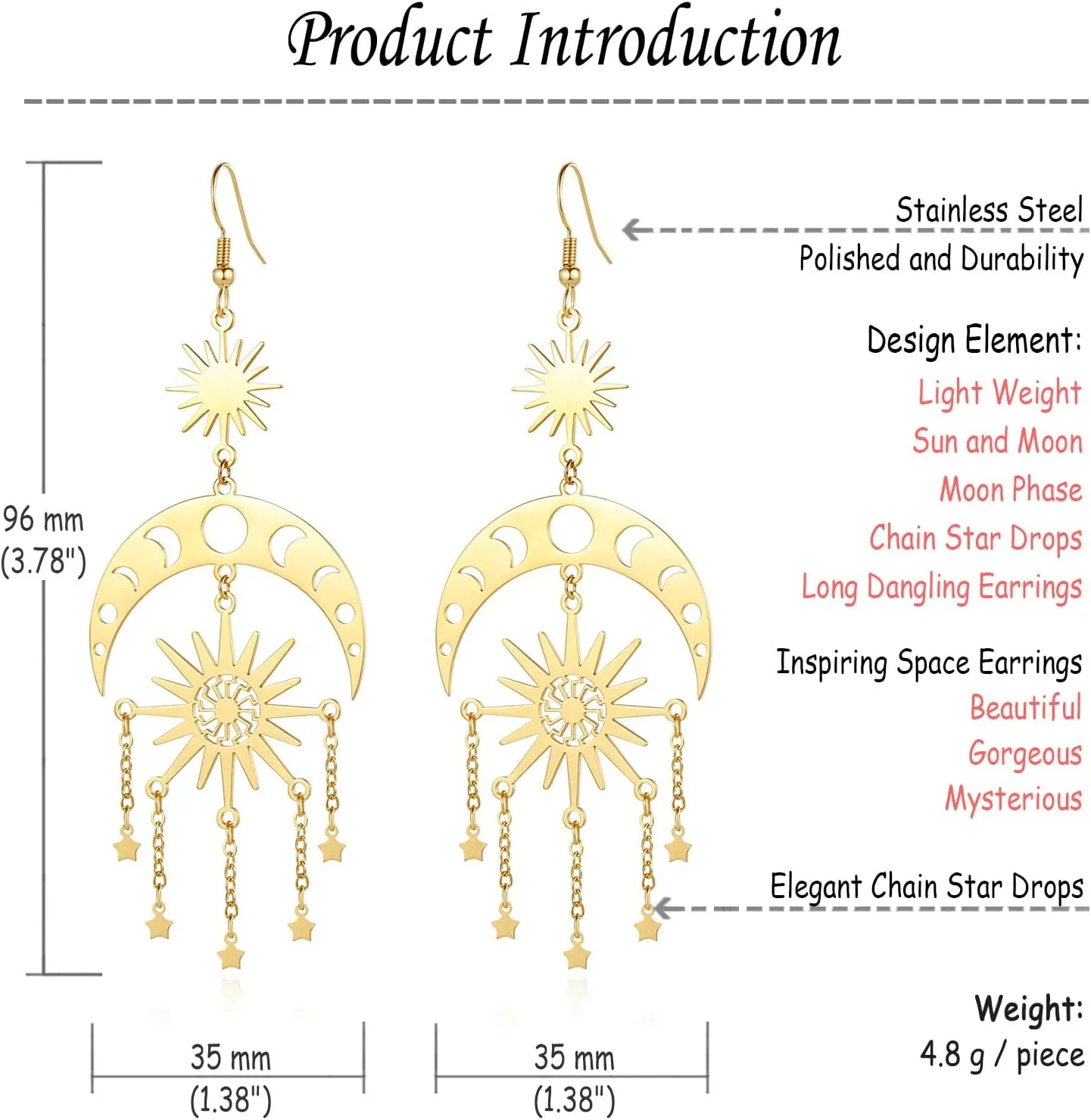 Sun and Moon Star Chandelier Earrings for Women Dangle Dangly Earrings Phase Crescent Drop Dangling Earrings Stainless Steel Jewelry