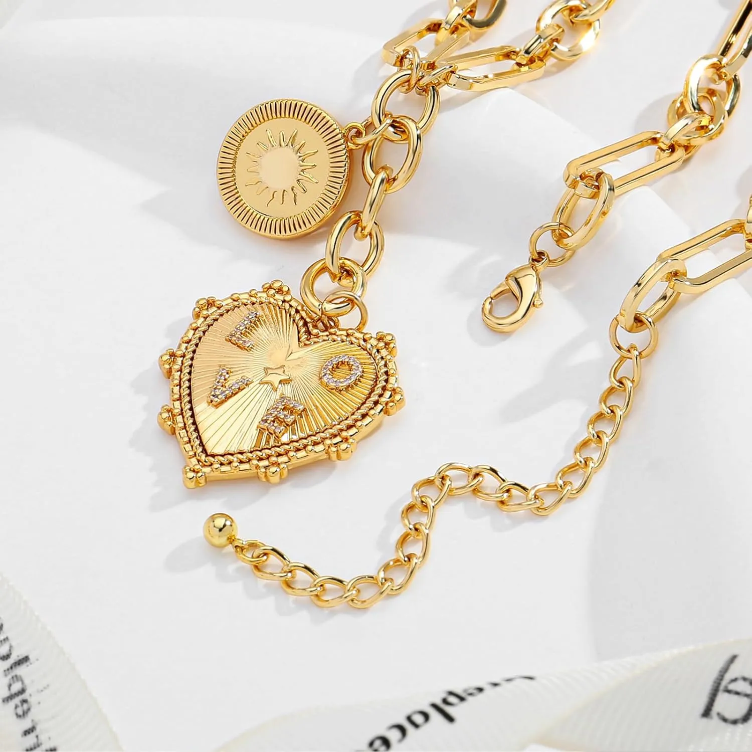 Sun Heart Necklace for Women 18K Gold Plated Heart Pendent Necklace Chunky Chain Choker Necklace Hip Hop Charm Necklace Unisex Necklace