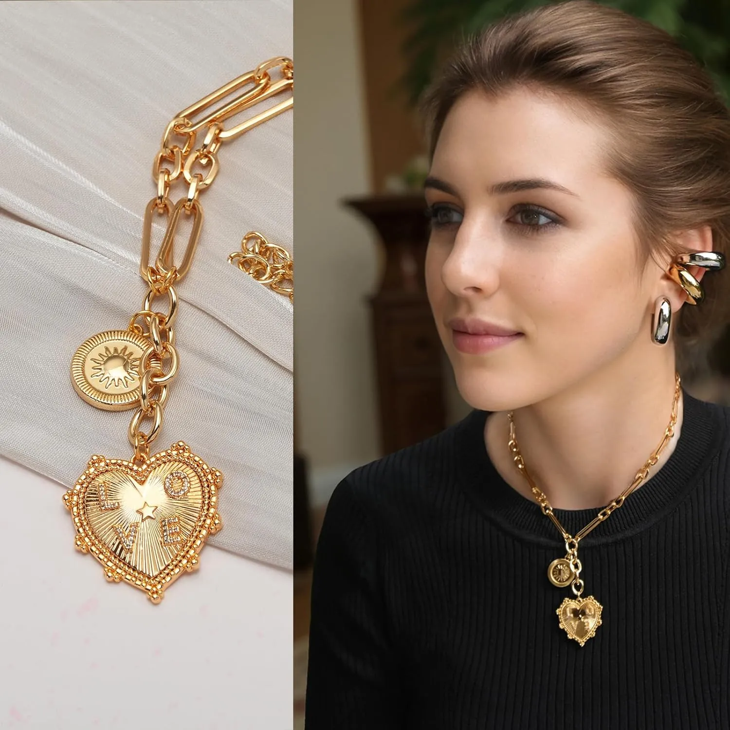 Sun Heart Necklace for Women 18K Gold Plated Heart Pendent Necklace Chunky Chain Choker Necklace Hip Hop Charm Necklace Unisex Necklace