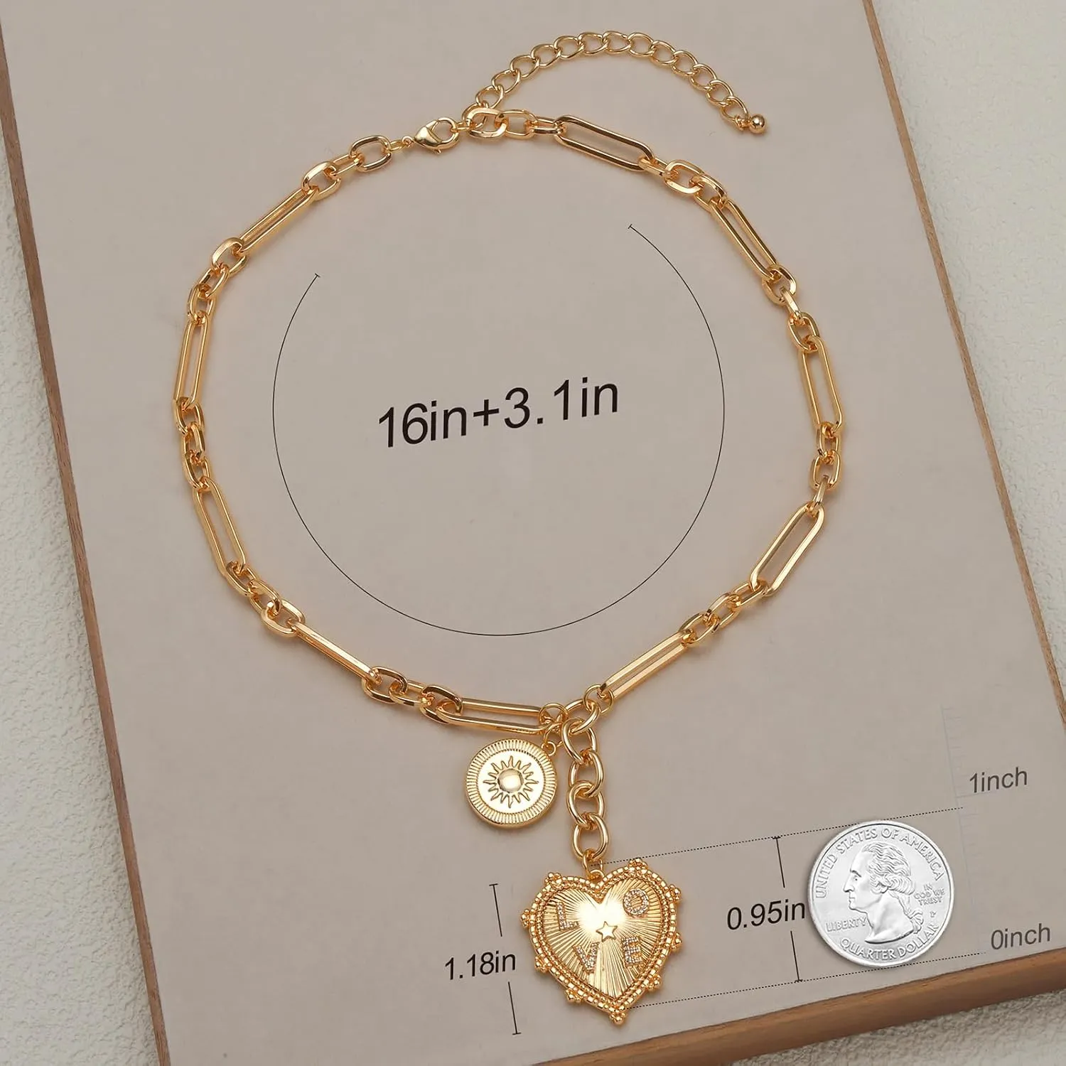 Sun Heart Necklace for Women 18K Gold Plated Heart Pendent Necklace Chunky Chain Choker Necklace Hip Hop Charm Necklace Unisex Necklace
