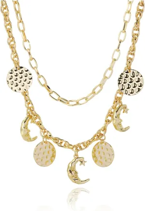Sun Moon Necklace for Women Pearl Charm Necklace Pearl Moon Pendant Necklace Gold Paperclip Chain Necklace for Women Jewelry