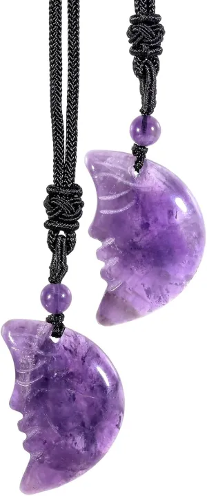 SUNYIK 2PCS Crescent Moon Pendant Necklace for Women Men, Crystal Stone Moon Face Necklace for Unisex with Adjustable Rope 16-27"
