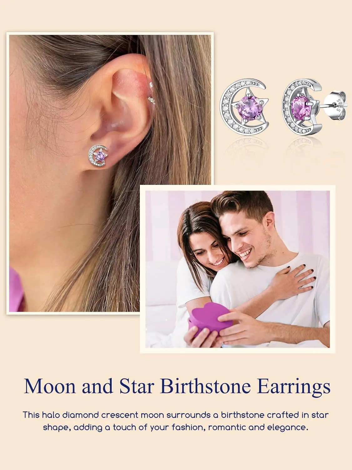 Suplight Sterling Silver Moon and Star Birthstone Crystal for Women with Dainty Silver Necklaces/Stud Earrings 1-12 Month Birthstone Emerald Pendant Sparkling Cubic Zirconia Gem Dainty Jewelry for Birthday Everyday