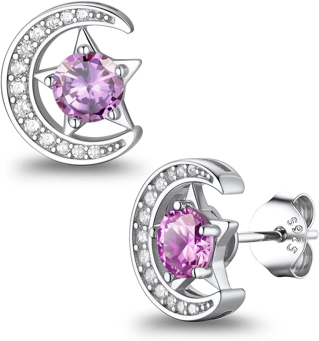 Suplight Sterling Silver Moon and Star Birthstone Crystal for Women with Dainty Silver Necklaces/Stud Earrings 1-12 Month Birthstone Emerald Pendant Sparkling Cubic Zirconia Gem Dainty Jewelry for Birthday Everyday
