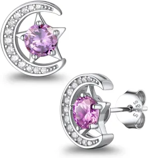 Suplight Sterling Silver Moon and Star Birthstone Crystal for Women with Dainty Silver Necklaces/Stud Earrings 1-12 Month Birthstone Emerald Pendant Sparkling Cubic Zirconia Gem Dainty Jewelry for Birthday Everyday