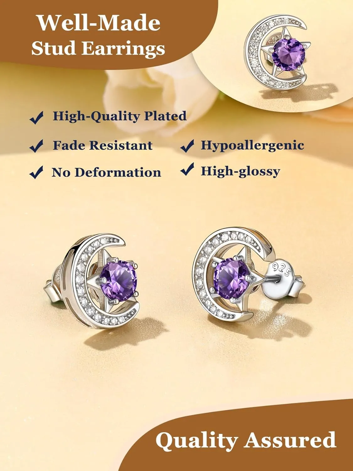 Suplight Sterling Silver Moon and Star Birthstone Crystal for Women with Dainty Silver Necklaces/Stud Earrings 1-12 Month Birthstone Emerald Pendant Sparkling Cubic Zirconia Gem Dainty Jewelry for Birthday Everyday