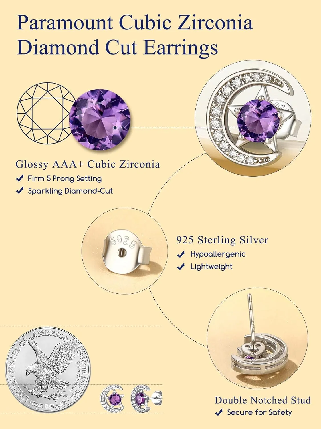 Suplight Sterling Silver Moon and Star Birthstone Crystal for Women with Dainty Silver Necklaces/Stud Earrings 1-12 Month Birthstone Emerald Pendant Sparkling Cubic Zirconia Gem Dainty Jewelry for Birthday Everyday