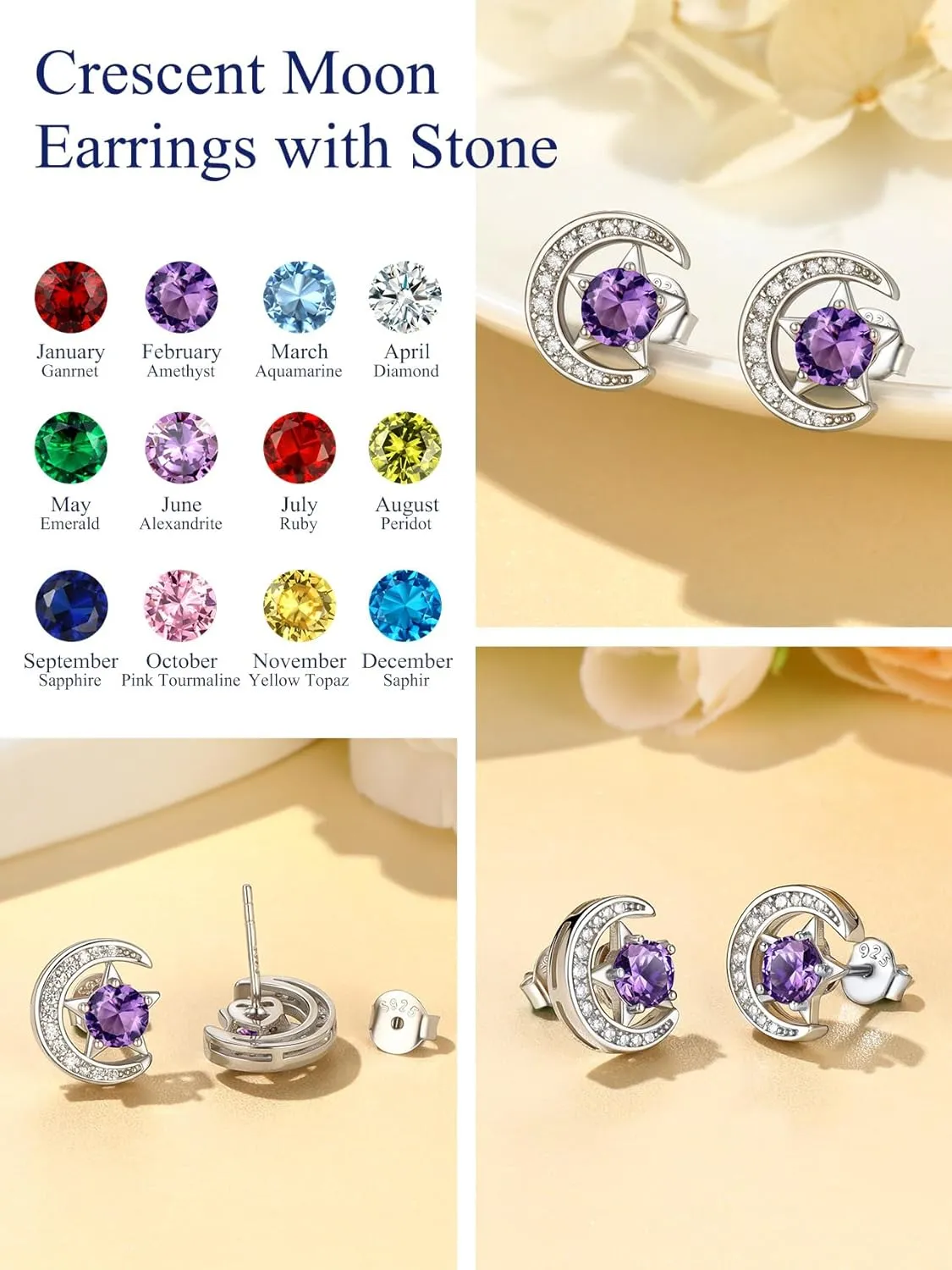 Suplight Sterling Silver Moon and Star Birthstone Crystal for Women with Dainty Silver Necklaces/Stud Earrings 1-12 Month Birthstone Emerald Pendant Sparkling Cubic Zirconia Gem Dainty Jewelry for Birthday Everyday