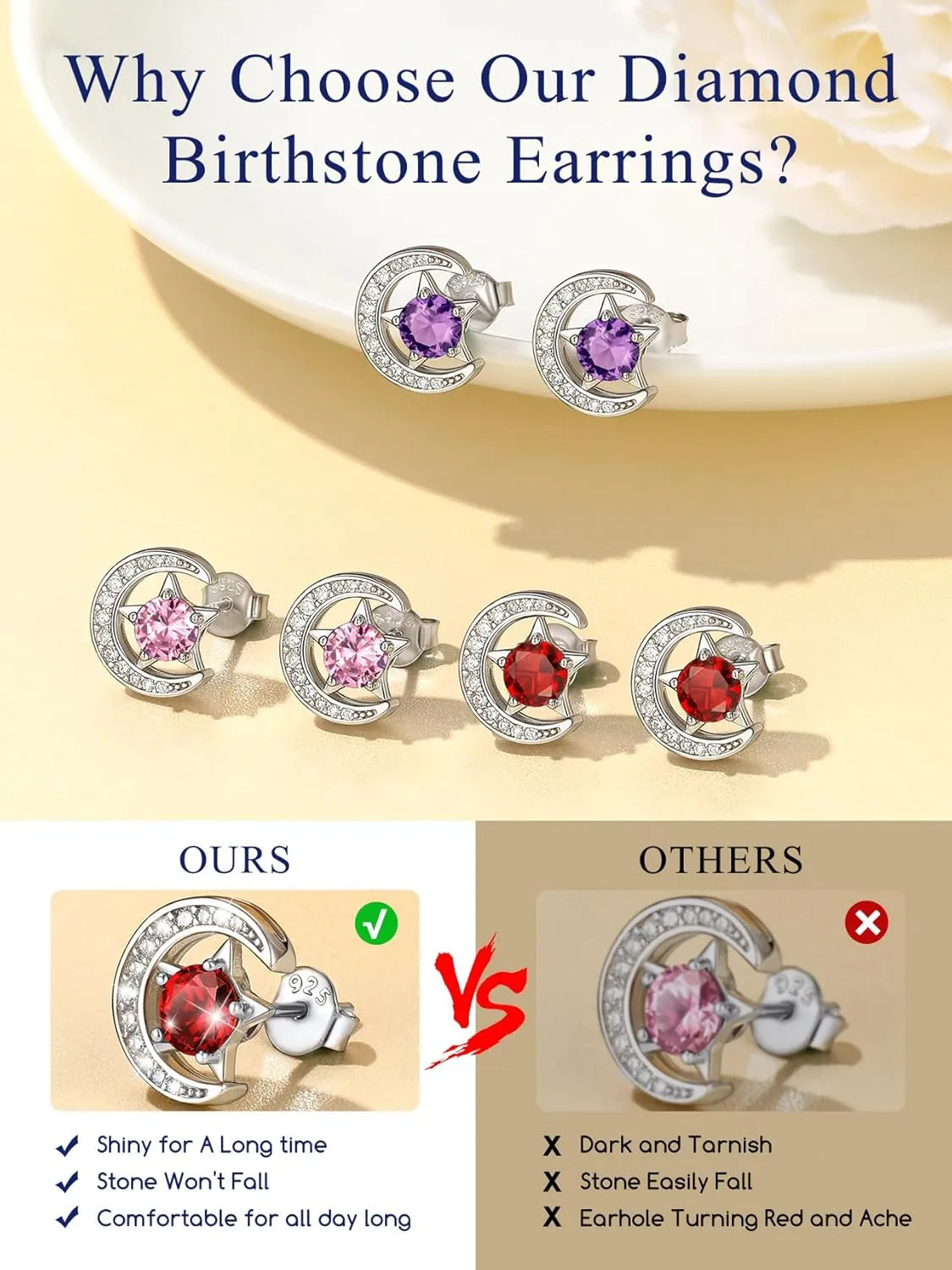 Suplight Sterling Silver Moon and Star Birthstone Crystal for Women with Dainty Silver Necklaces/Stud Earrings 1-12 Month Birthstone Emerald Pendant Sparkling Cubic Zirconia Gem Dainty Jewelry for Birthday Everyday