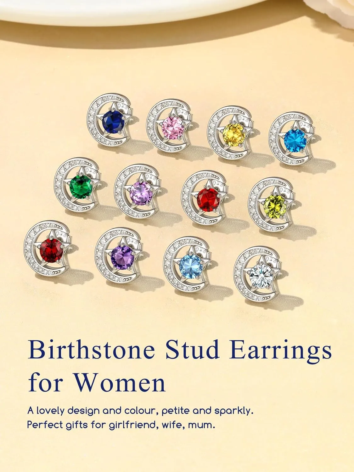 Suplight Sterling Silver Moon and Star Birthstone Crystal for Women with Dainty Silver Necklaces/Stud Earrings 1-12 Month Birthstone Emerald Pendant Sparkling Cubic Zirconia Gem Dainty Jewelry for Birthday Everyday