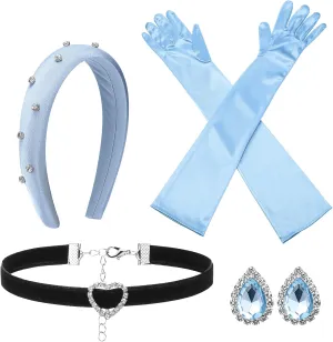 Sureio 4 Pcs Women's Princess Dress Up Costume Accessories Headband Choker Long Gloves Earrings Set for Halloween Party
